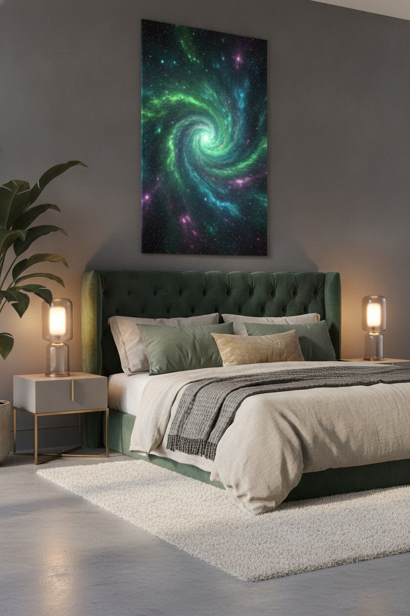 Yatak odası başucunda yeşil nebula tonlu dikey pano
